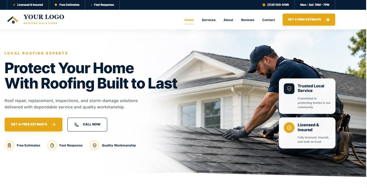Roofing company website homepage