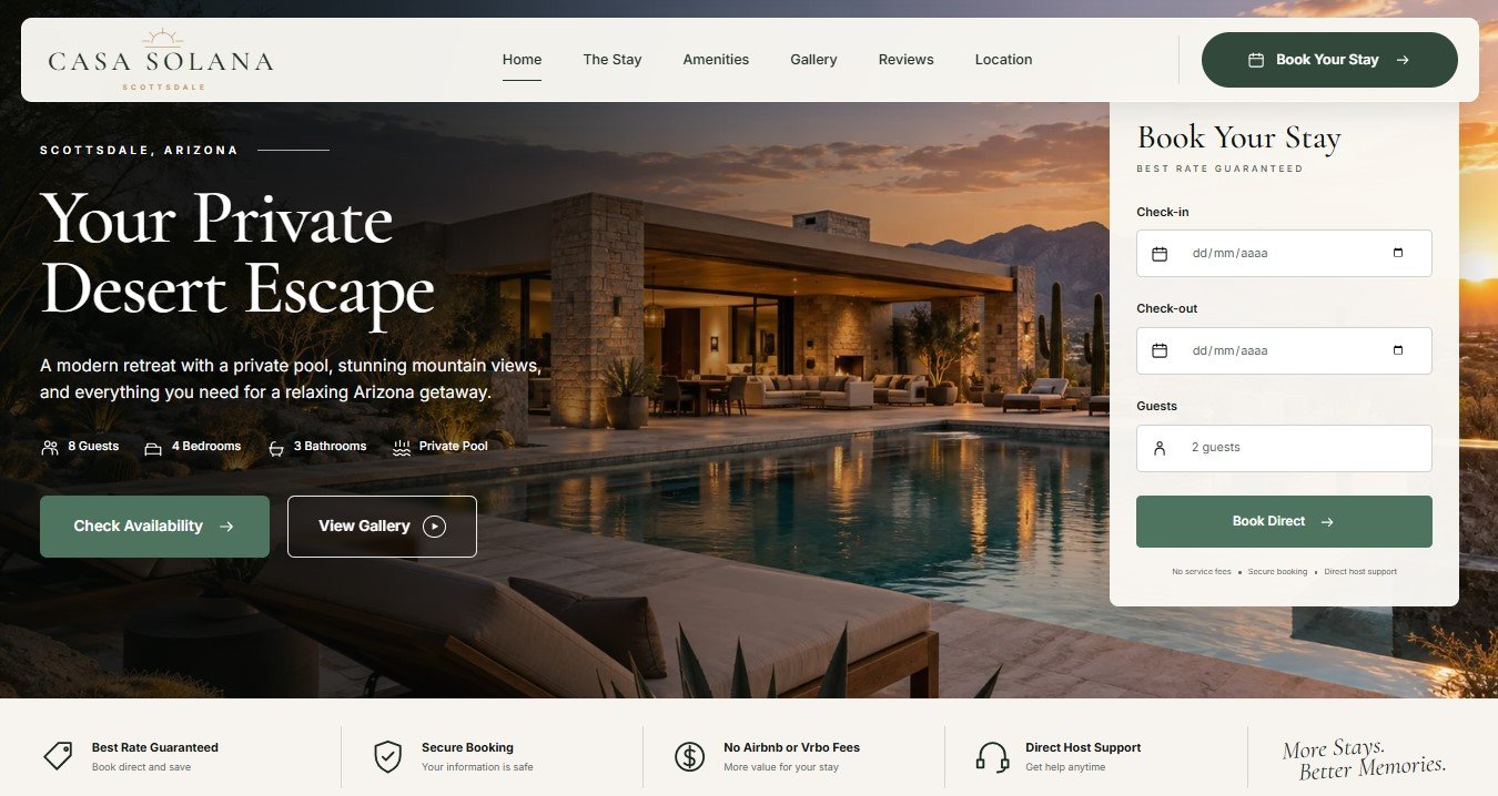 Casa Solana direct booking website homepage